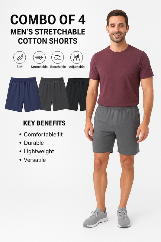 Combo of 4 Men’s Stretchable Cotton Shorts | Soft, Breathable & Everyday Comfort 🩳